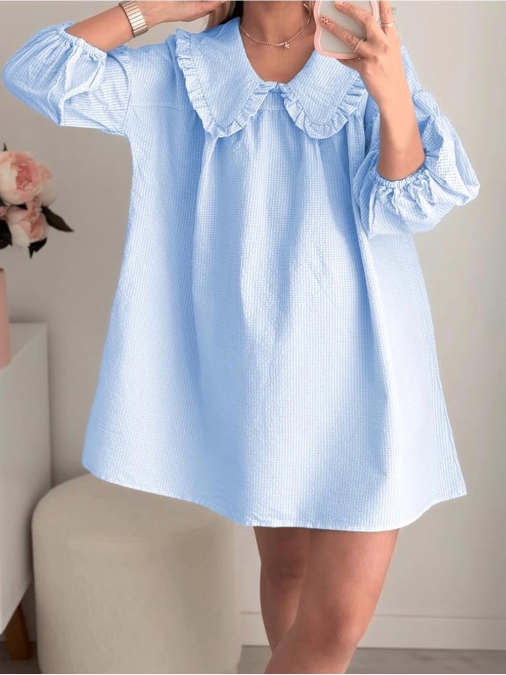 GINGHAM PLAID BABYDOLL MINI DRESS (MULTIPLE COLORS/SIZES) - Picture 3 of 11